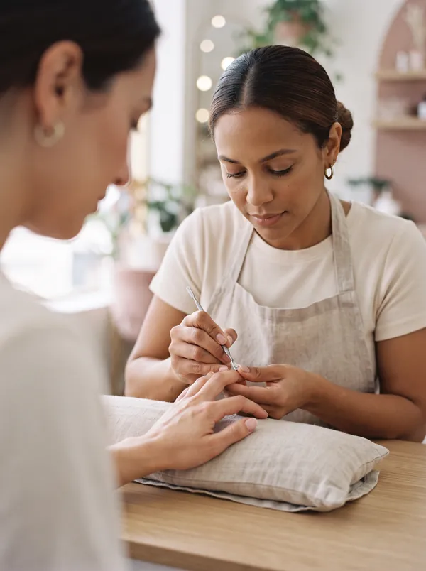 Profissional trabalhando nas unhas de uma cliente, em close sobre as mãos