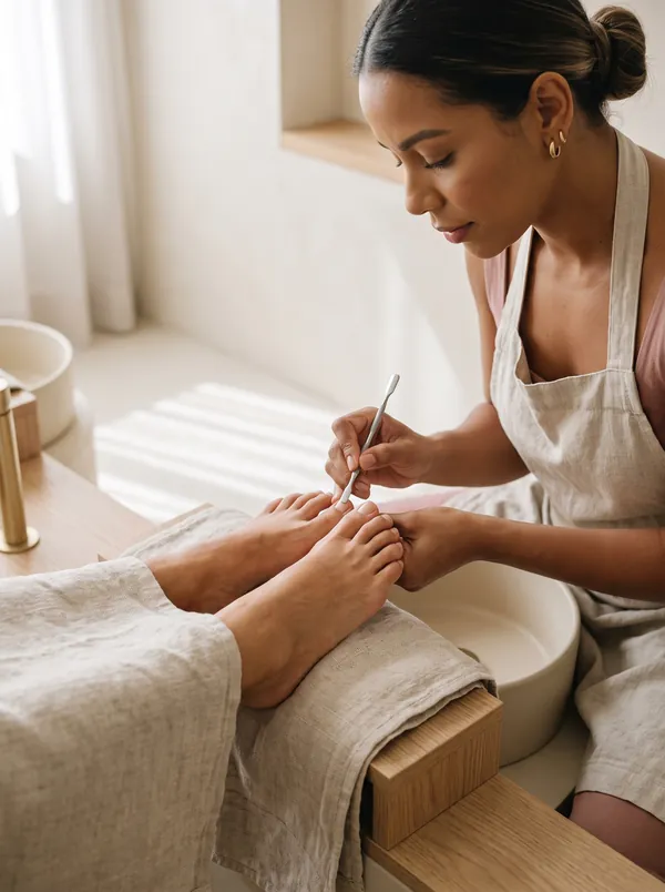 Profissional cuidando dos pés de uma cliente, com toalha de linho